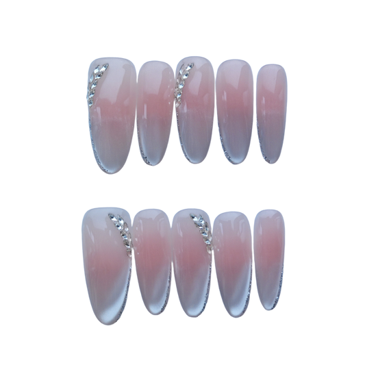 Blush Pink Gradient Press-On Nails with Rhinestone Leaf Accents