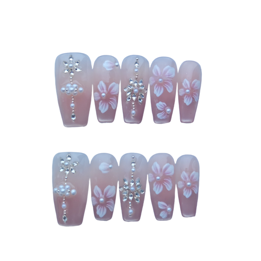 Blush Pink Press-On Nails with Hand-Painted Flowers & Rhinestone Cross Accents