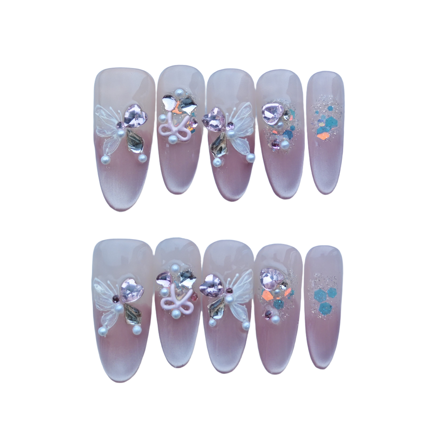 Butterfly Dream Press-On Nails with Rhinestones, Faux Pearls & Glitter Accents