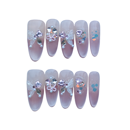 Butterfly Dream Press-On Nails with Rhinestones, Faux Pearls & Glitter Accents