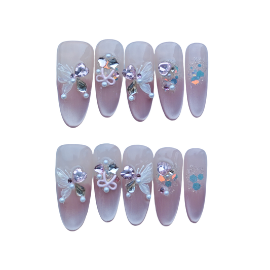 Butterfly Dream Press-On Nails with Rhinestones, Faux Pearls & Glitter Accents