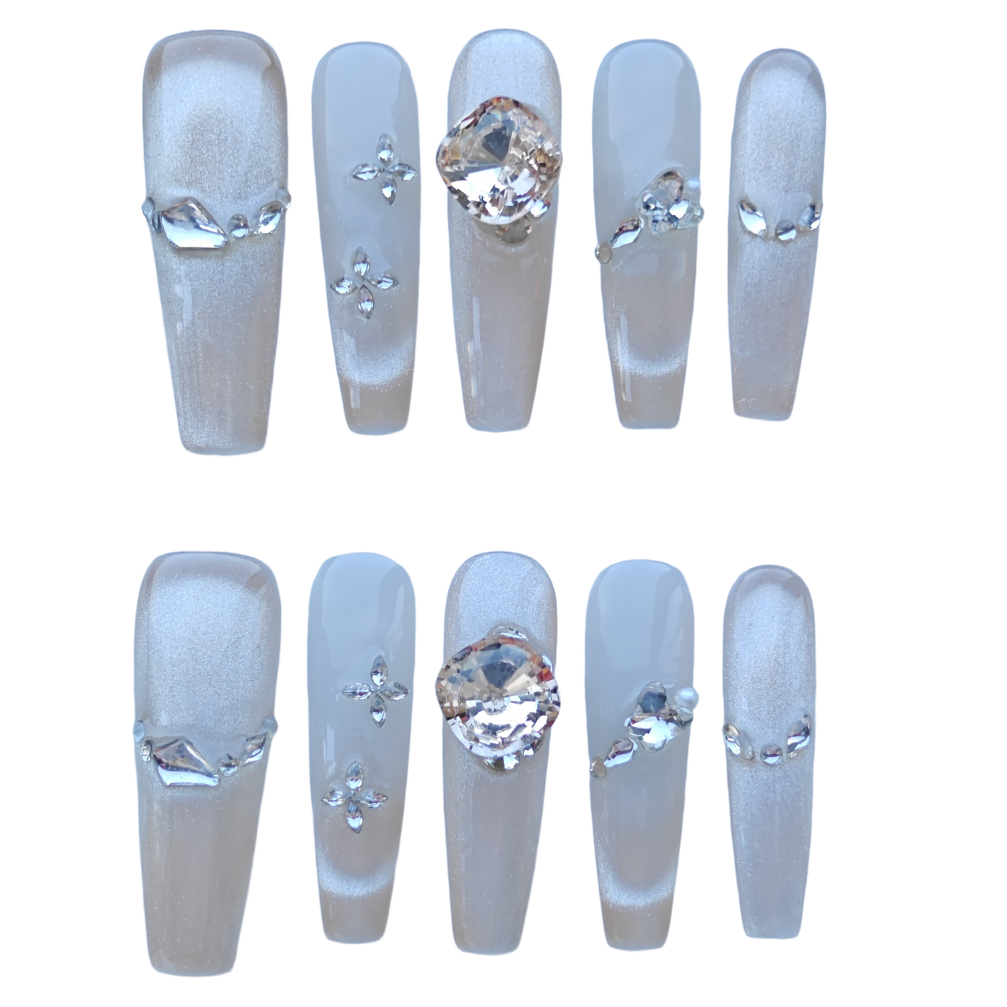 Champagne Crystal Veil Nails – Nude Shimmer Press-On Nails with Large Diamond Accent | Luxury Elegant Bridal Nails by Evadia Grace