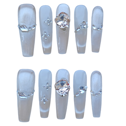 Champagne Crystal Veil Nails – Nude Shimmer Press-On Nails with Large Diamond Accent | Luxury Elegant Bridal Nails by Evadia Grace