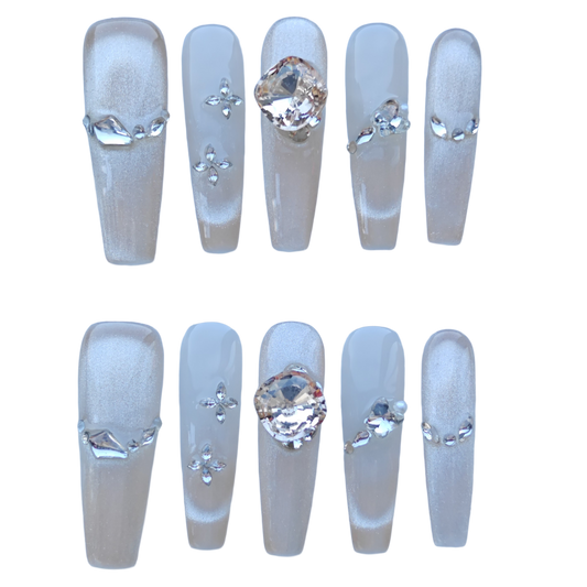 Champagne Crystal Veil Nails – Nude Shimmer Press-On Nails with Large Diamond Accent | Luxury Elegant Bridal Nails by Evadia Grace