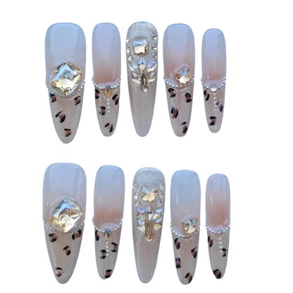 Champagne Leopard Nails – Nude Gold Crystal Press-On Nails with Leopard Accents | Luxury Statement Nails by Evadia Grace
