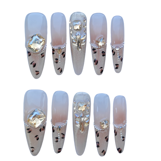 Champagne Leopard Nails – Nude Gold Crystal Press-On Nails with Leopard Accents | Luxury Statement Nails by Evadia Grace
