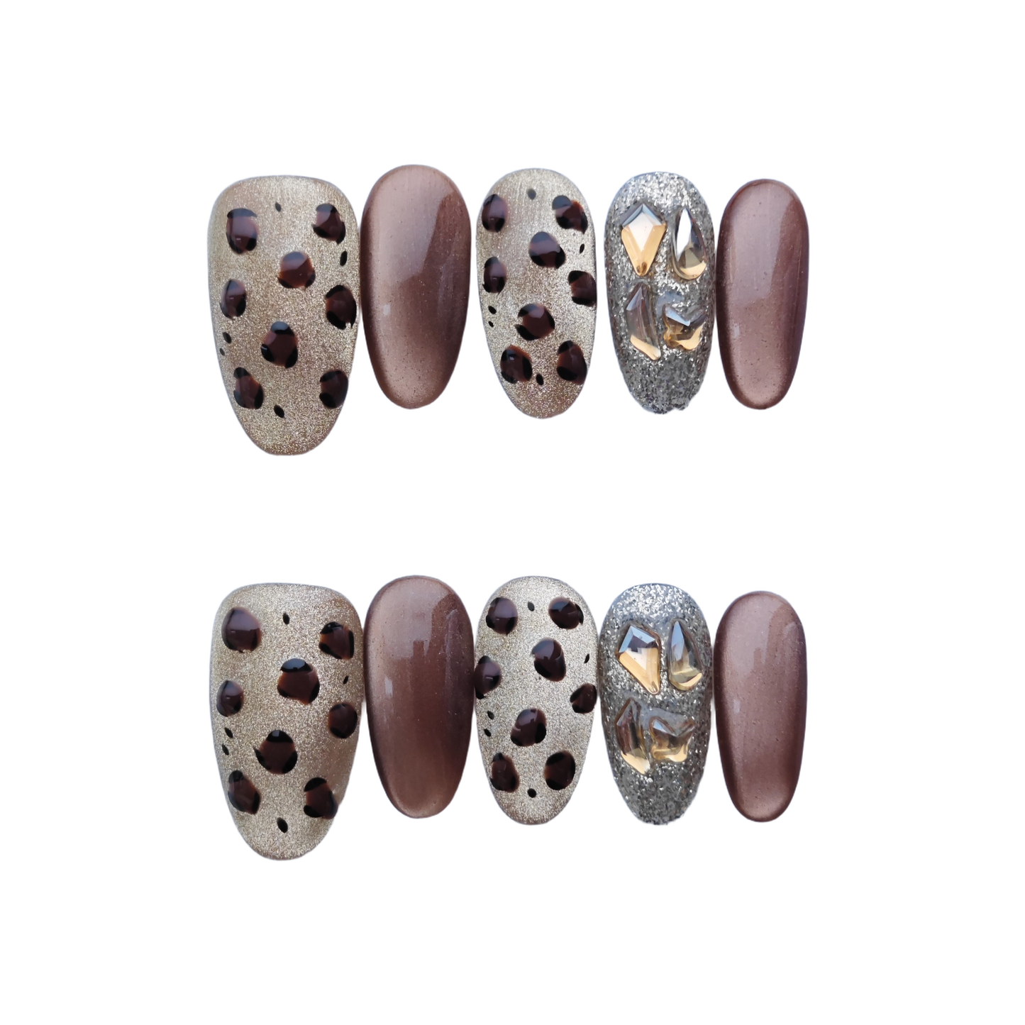 Chic Leopard Print Press-On Nails with Gold & Crystal Accents