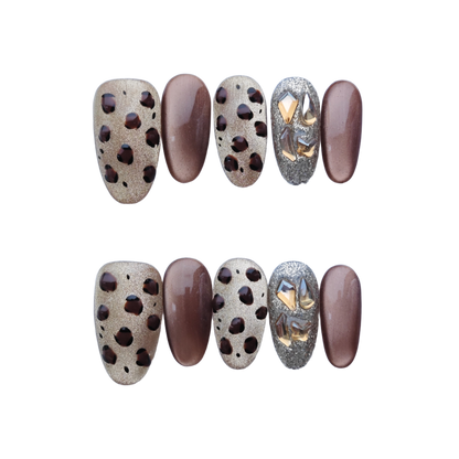 Chic Leopard Print Press-On Nails with Gold & Crystal Accents