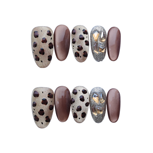 Chic Leopard Print Press-On Nails with Gold & Crystal Accents
