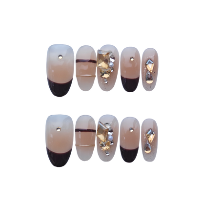 Chic Nude & Black French Tip Press-On Nails with Gold Gem Accents