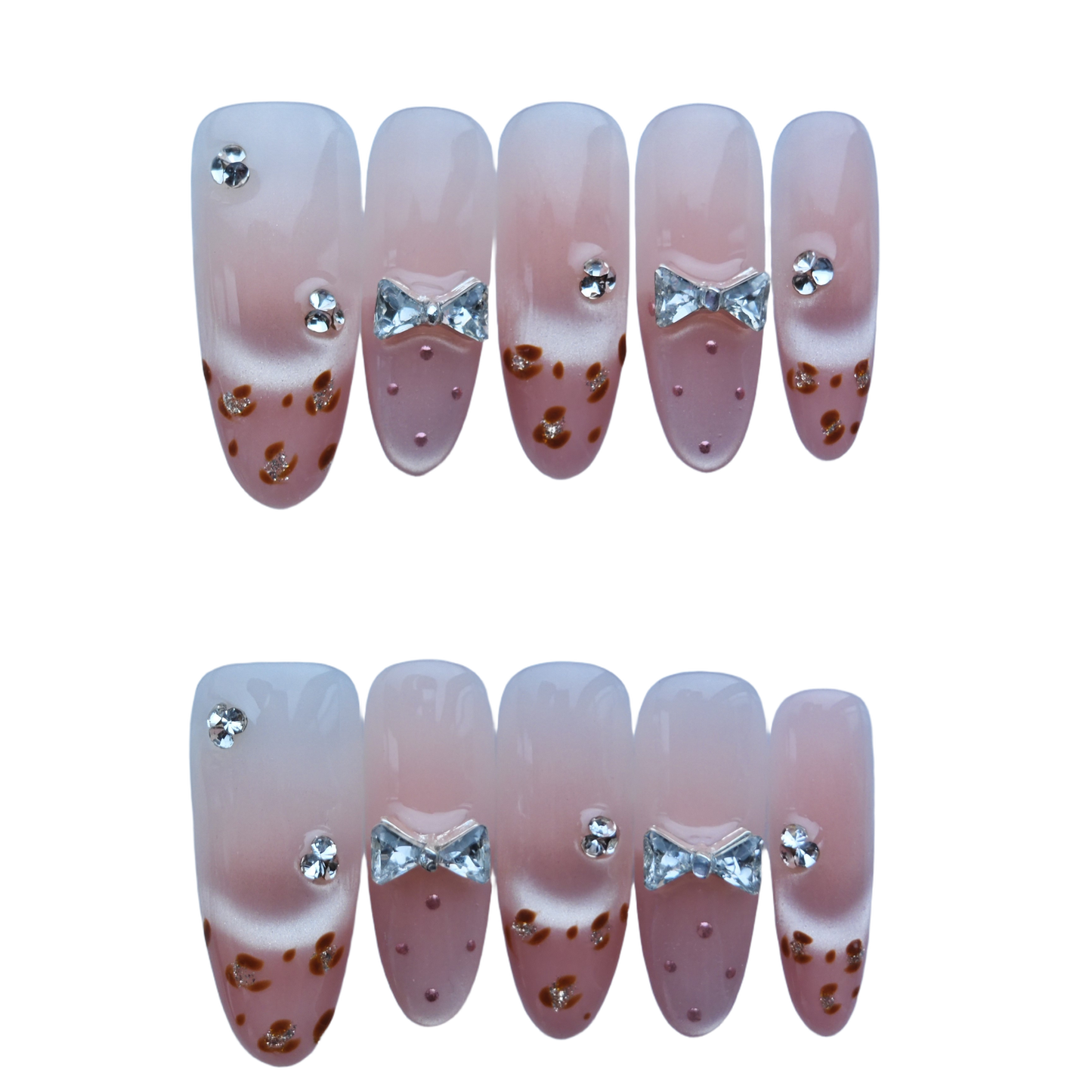 Cute Pink Gradient Press-On Nails with Faux Rhinestone Bows & Leopard Detail