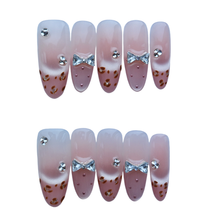 Cute Pink Gradient Press-On Nails with Faux Rhinestone Bows & Leopard Detail