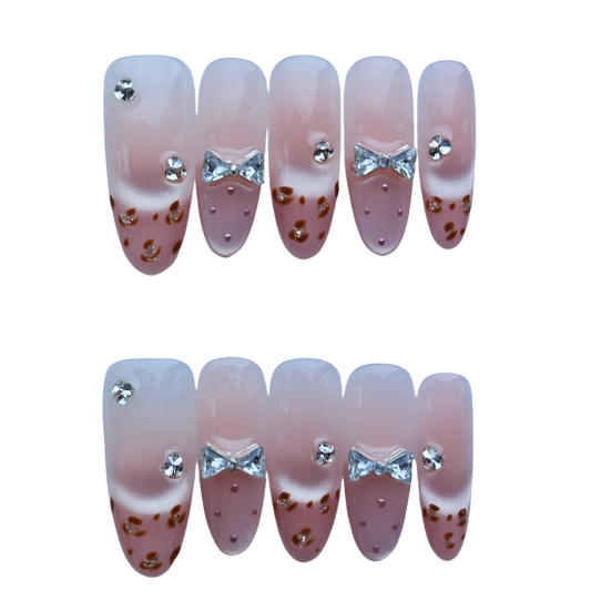 Cute Pink Gradient Press-On Nails with Faux Rhinestone Bows & Leopard Detail