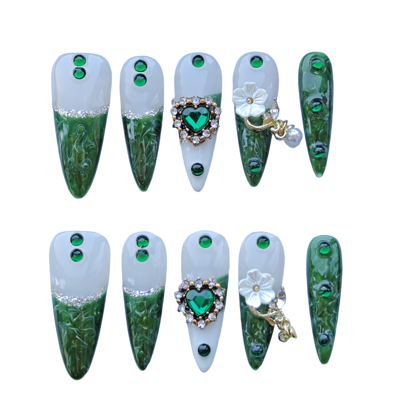Emerald Castle Nails – Green Marble Jewel Press-On Nails with Pearl Flower Charms | Luxury Vintage Princess Nails by Evadia Grace