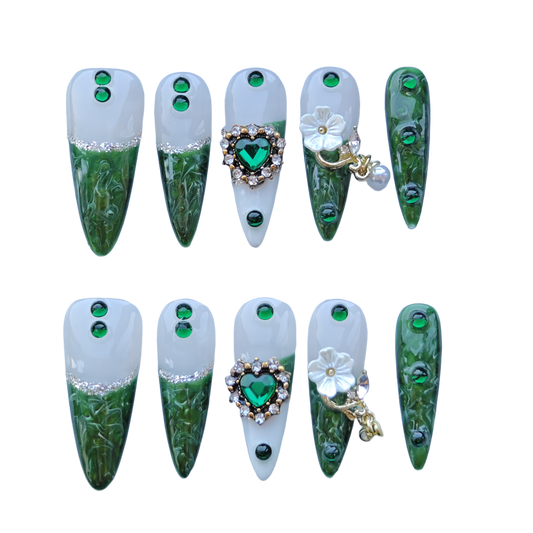 Emerald Castle Nails – Green Marble Jewel Press-On Nails with Pearl Flower Charms | Luxury Vintage Princess Nails by Evadia Grace