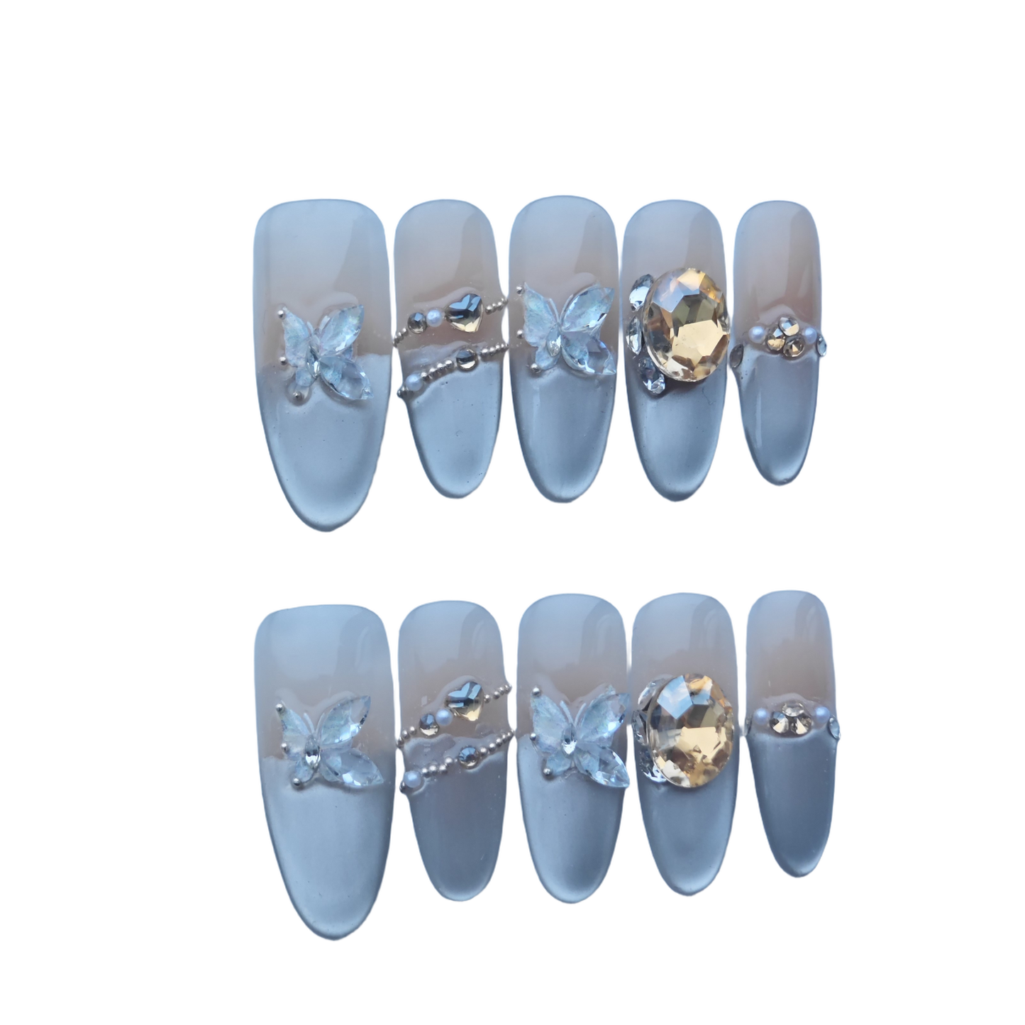 Elegant Butterfly Crystal Press-On Nails with Champagne Gemstone