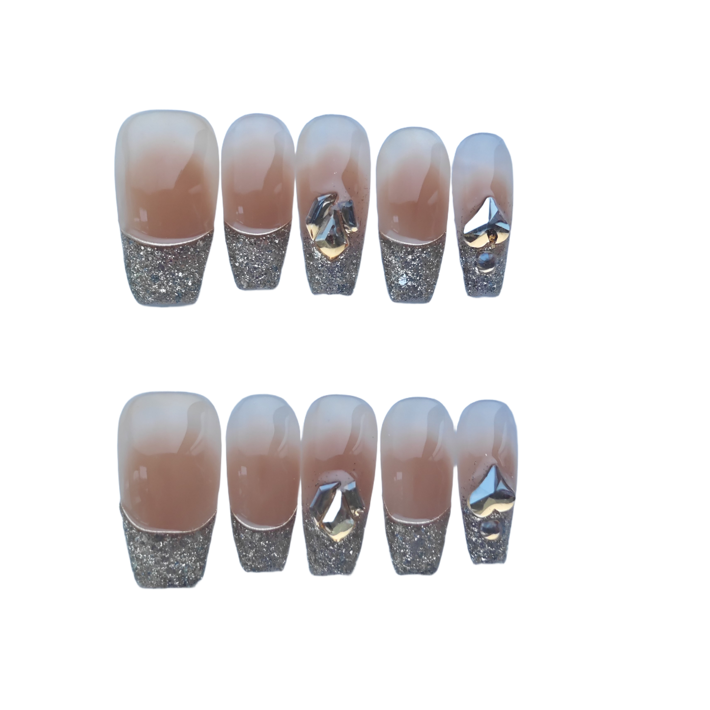 Elegant Glitter French Tip Press-On Nails with Crystal Accents