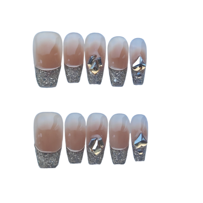 Elegant Glitter French Tip Press-On Nails with Crystal Accents