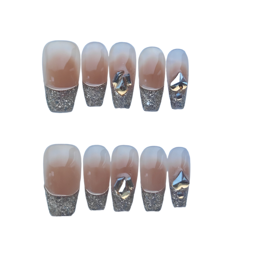 Elegant Glitter French Tip Press-On Nails with Crystal Accents