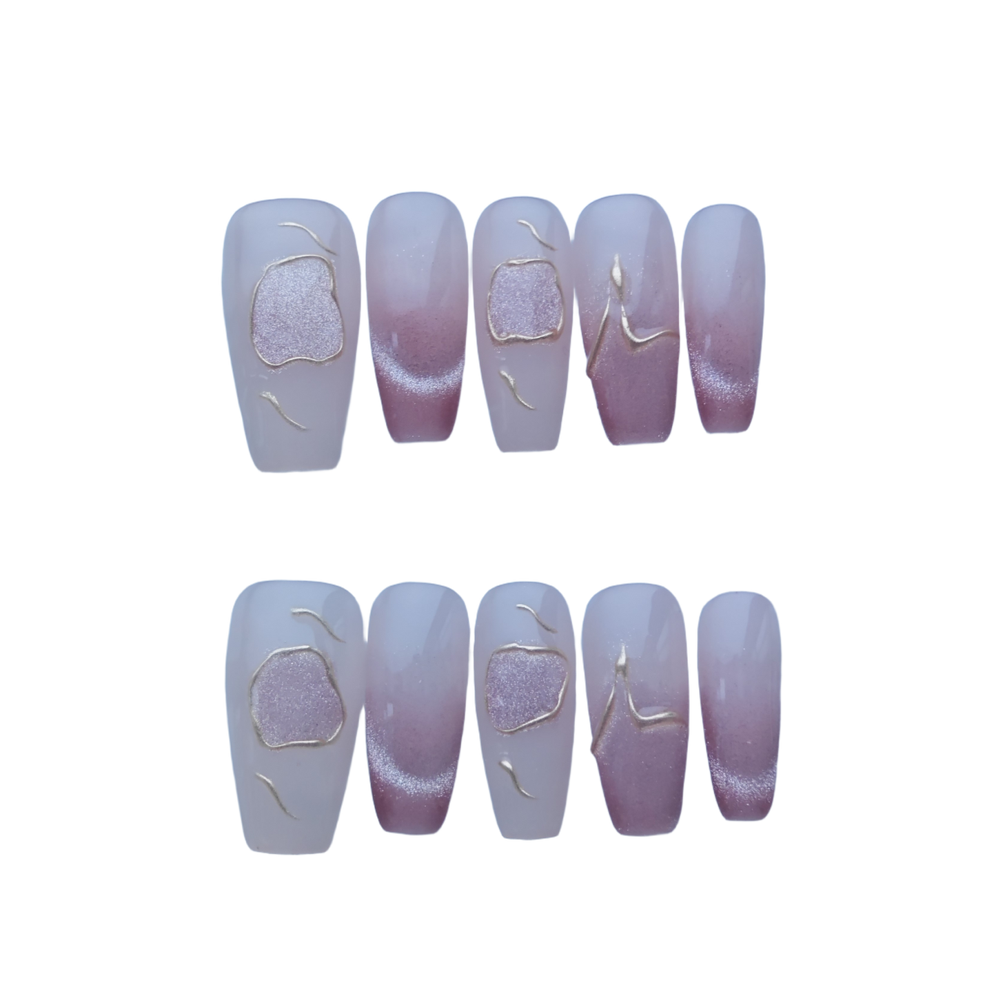 Elegant Nude Pink Gradient Press-On Nails with Gold Line Art