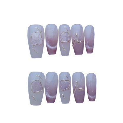 Elegant Nude Pink Gradient Press-On Nails with Gold Line Art