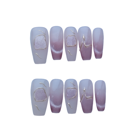 Elegant Nude Pink Gradient Press-On Nails with Gold Line Art