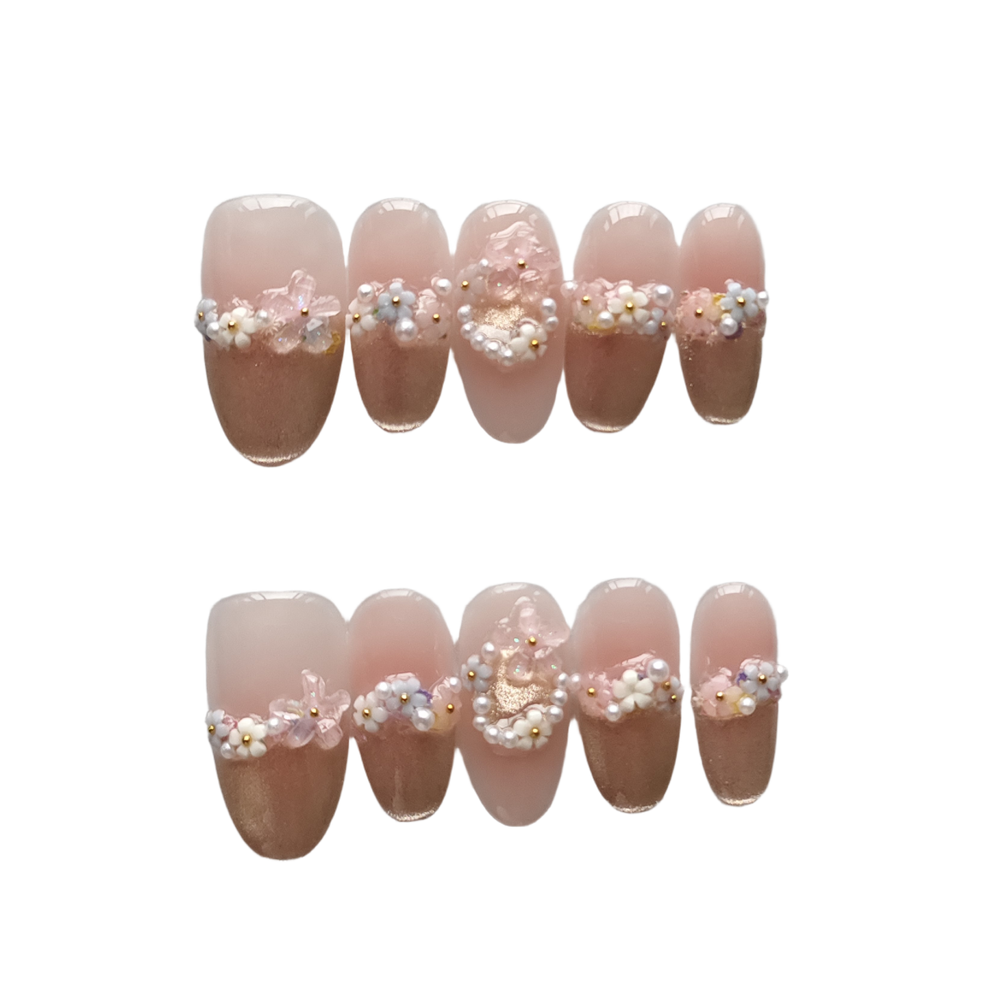 Elegant Pink Floral Press-On Nails with Faux Pearls & Rhinestones