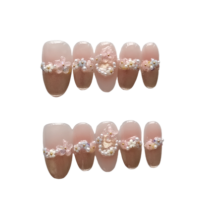 Elegant Pink Floral Press-On Nails with Faux Pearls & Rhinestones