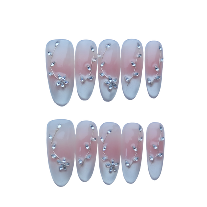 Elegant Pink Gradient Floral Press-On Nails with Crystal Accents
