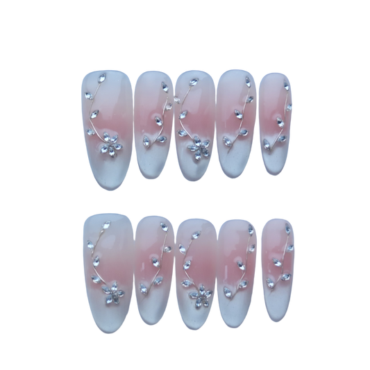 Elegant Pink Gradient Floral Press-On Nails with Crystal Accents