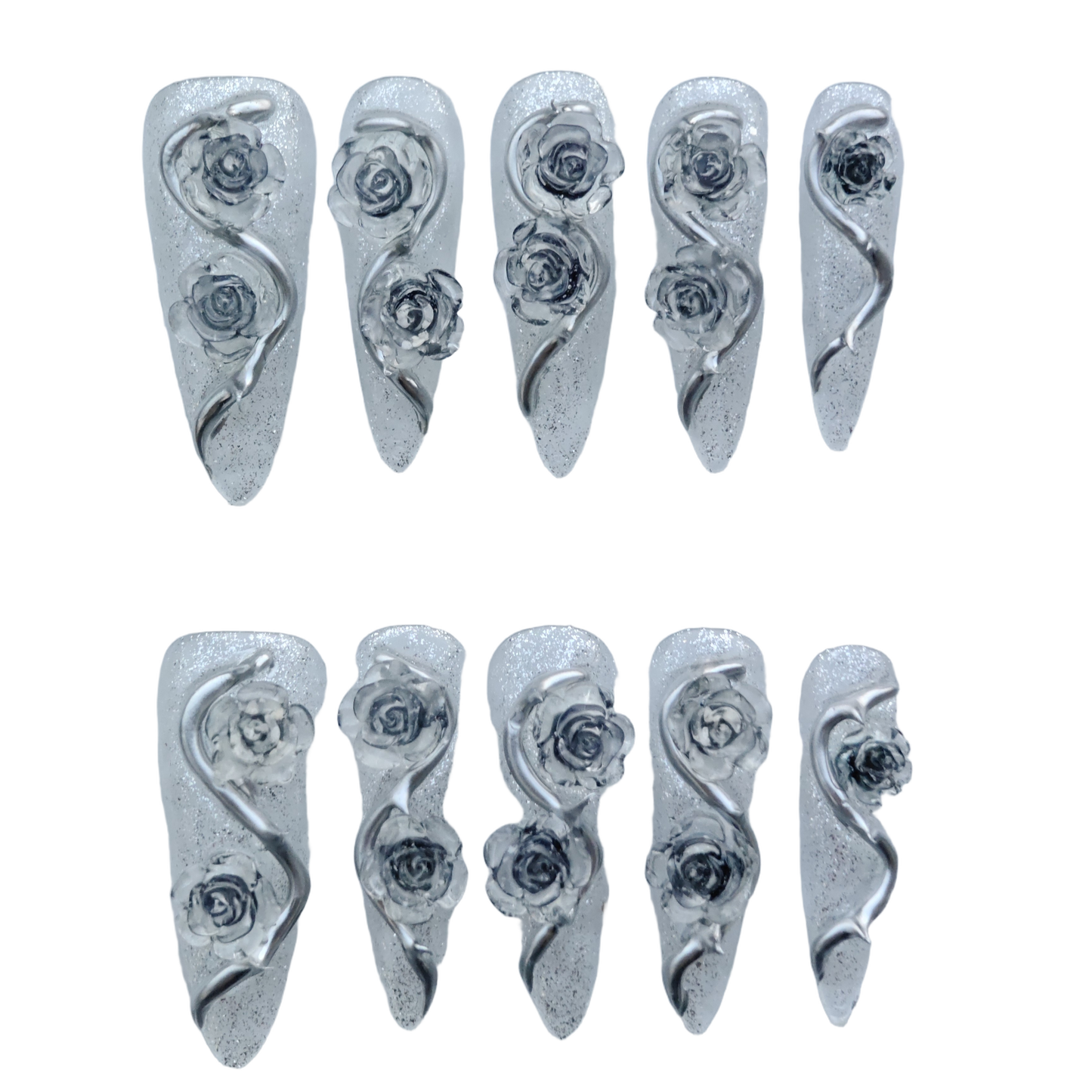 Frosted Silver Rose Nails – 3D Metallic Gothic Rose Press-On Nails with Crystal Glitter | Ice Queen Nails by Evadia Grace