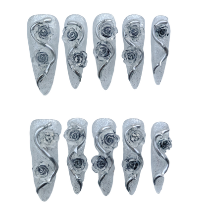 Frosted Silver Rose Nails – 3D Metallic Gothic Rose Press-On Nails with Crystal Glitter | Ice Queen Nails by Evadia Grace