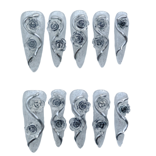 Frosted Silver Rose Nails – 3D Metallic Gothic Rose Press-On Nails with Crystal Glitter | Ice Queen Nails by Evadia Grace