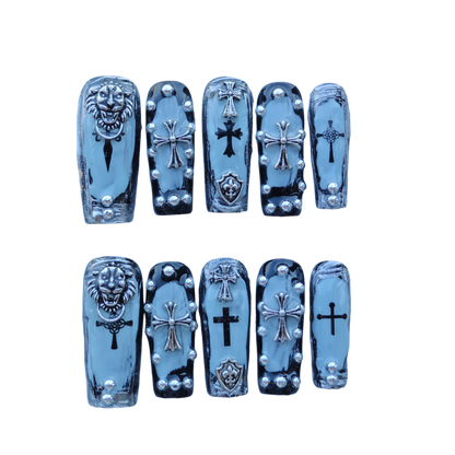 Frosted Gothic Crest Nails – Ice Blue Chrome with 3D Crosses, Lion Emblem & Shield Accents | Luxury Press-On Nails