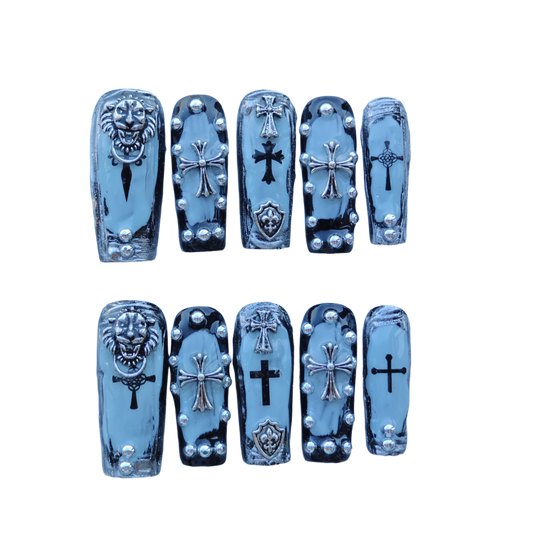 Frosted Gothic Crest Nails – Ice Blue Chrome with 3D Crosses, Lion Emblem & Shield Accents | Luxury Press-On Nails