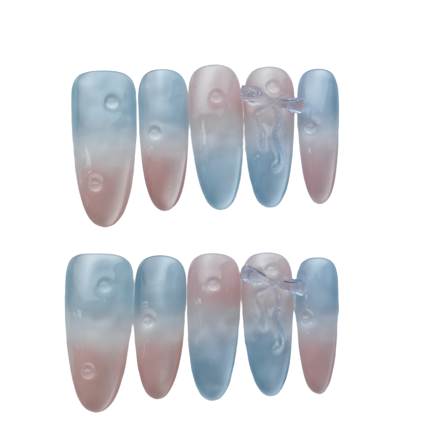 Frosted Pink Blue Gradient Press-On Nails – Jelly Glass Drop with 3D Bow | Minimalist Korean Aesthetic Nails