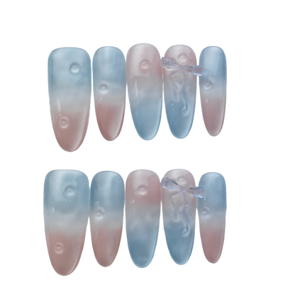 Frosted Pink Blue Gradient Press-On Nails – Jelly Glass Drop with 3D Bow | Minimalist Korean Aesthetic Nails