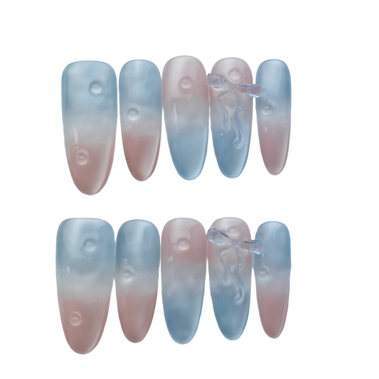 Frosted Pink Blue Gradient Press-On Nails – Jelly Glass Drop with 3D Bow | Minimalist Korean Aesthetic Nails