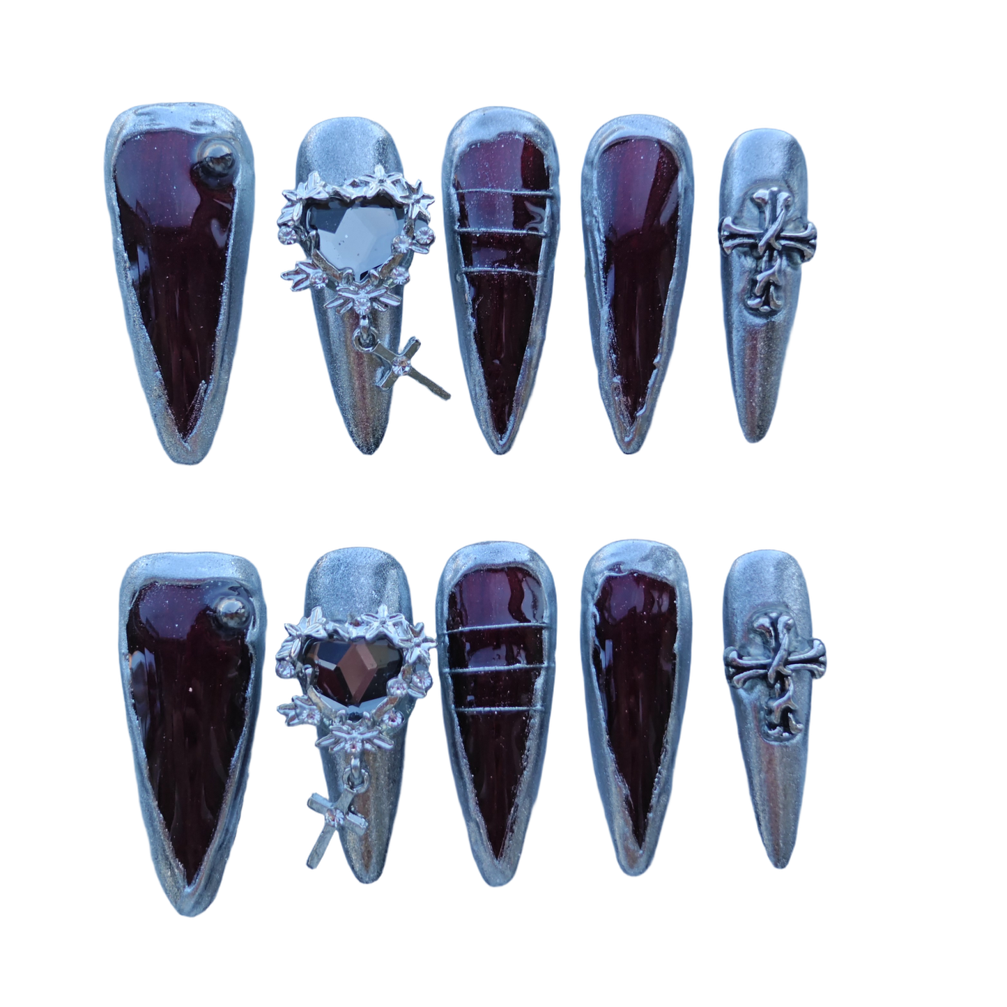 Garnet Chrome Gothic Nails – Metallic Silver Frame with 3D Cross & Heart Charm | Luxury Press-On Nails by Evadia Grace