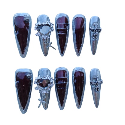 Garnet Chrome Gothic Nails – Metallic Silver Frame with 3D Cross & Heart Charm | Luxury Press-On Nails by Evadia Grace
