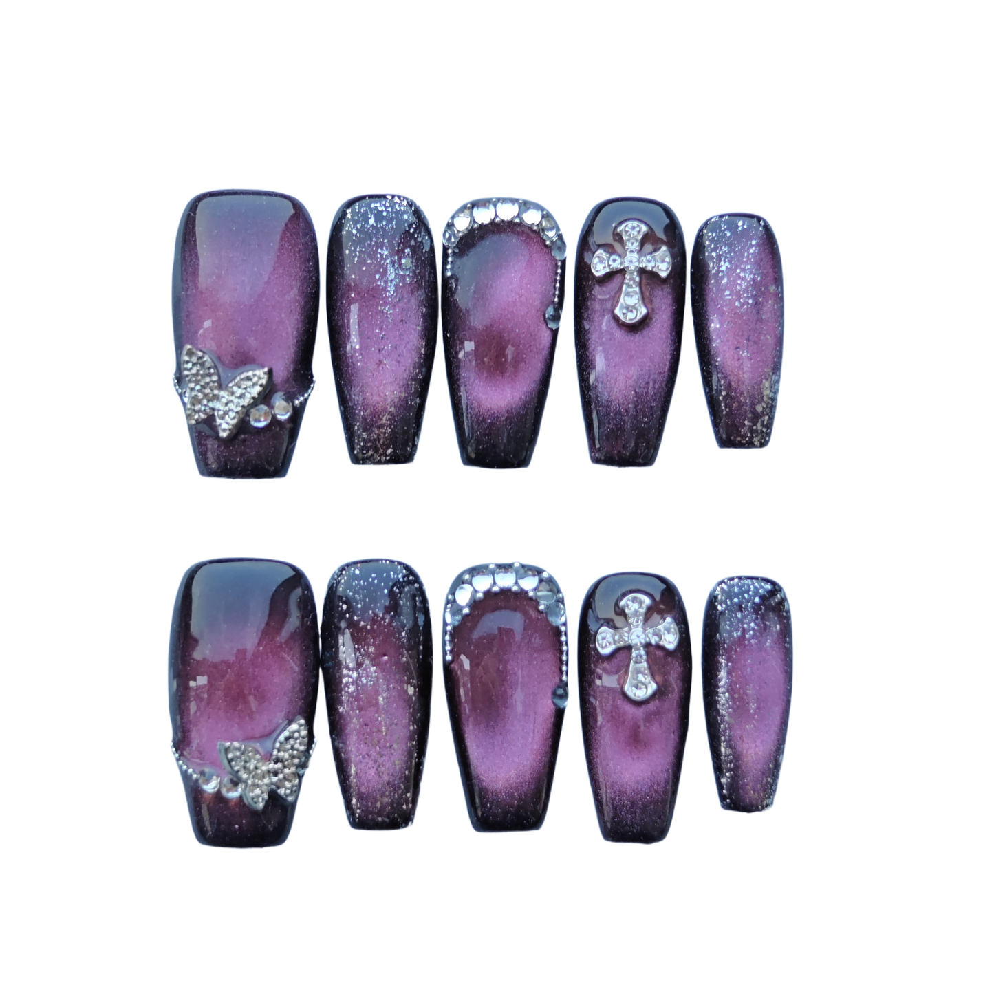 Gothic Shimmer Rose Nails – Black-Cherry Gradient with Rhinestone Butterflies & Cross Charms | Evadia Grace Press-On Nails