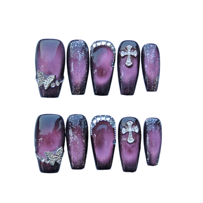 Gothic Shimmer Rose Nails – Black-Cherry Gradient with Rhinestone Butterflies & Cross Charms | Evadia Grace Press-On Nails