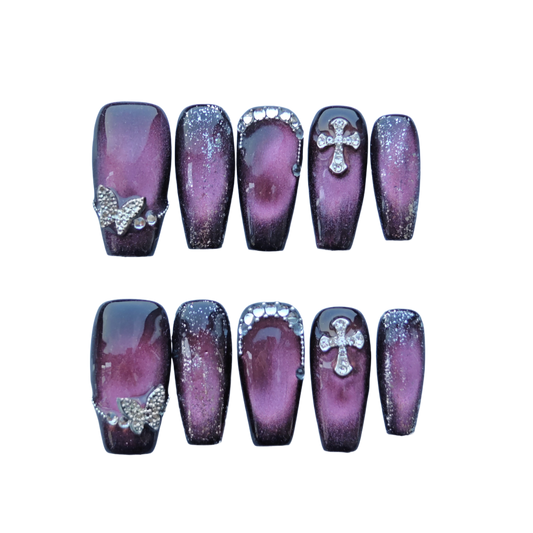 Gothic Shimmer Rose Nails – Black-Cherry Gradient with Rhinestone Butterflies & Cross Charms | Evadia Grace Press-On Nails
