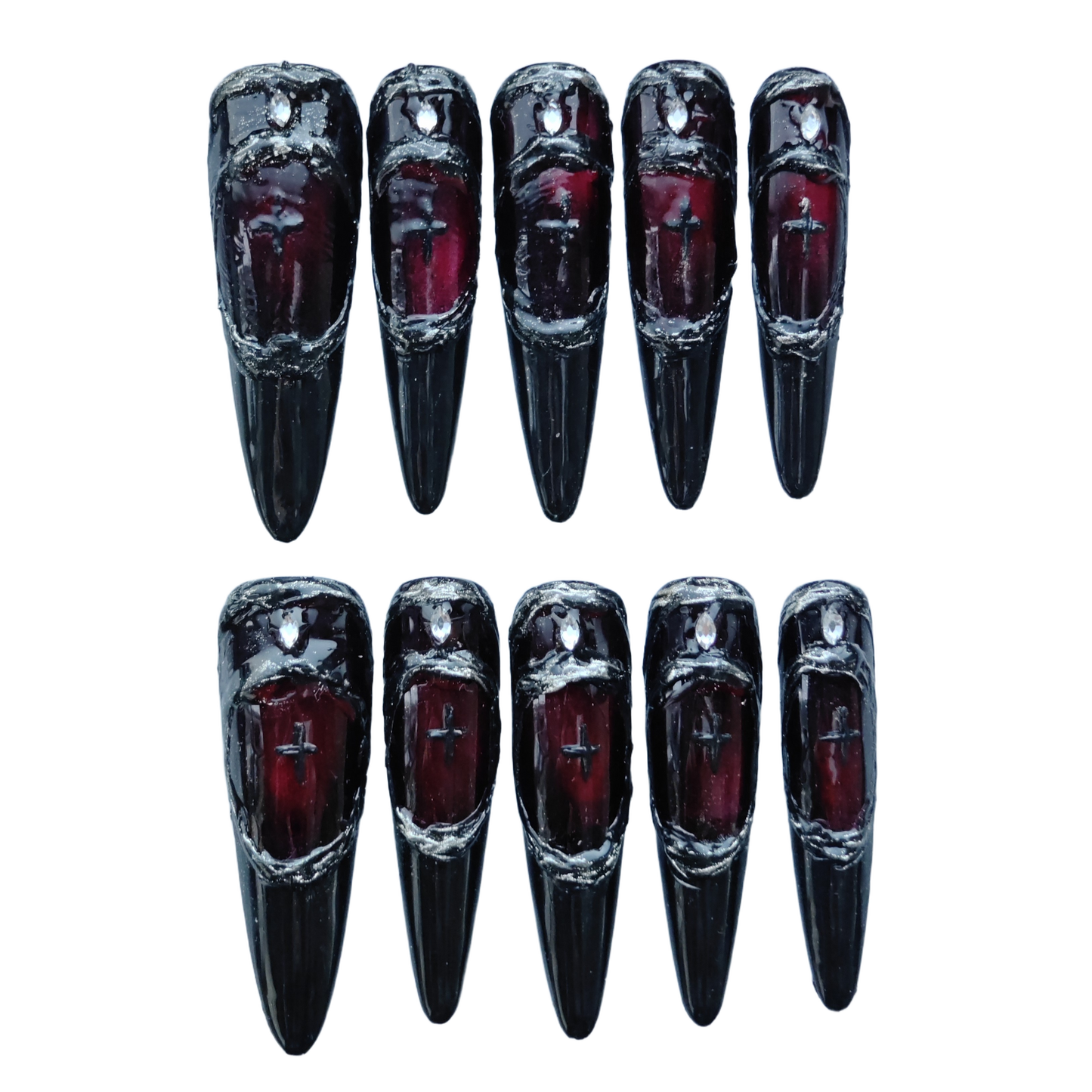 Gothic Armor Press-On Nails – Deep Crimson Stained Glass Design with Black Blade Tips | Dark Royal Gothic Nails by Evadia Grace