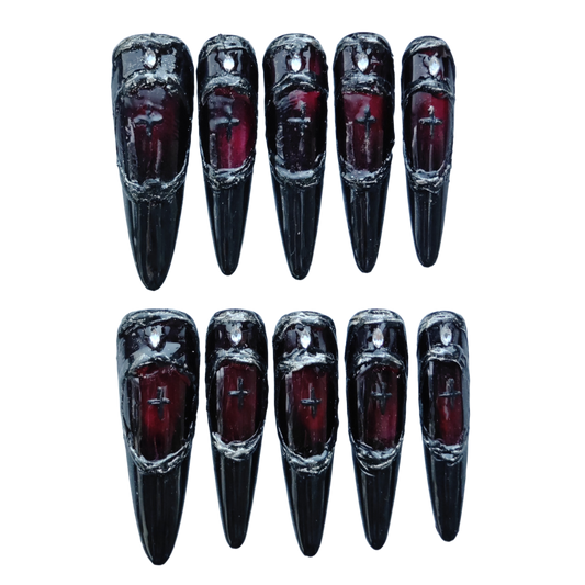 Gothic Armor Press-On Nails – Deep Crimson Stained Glass Design with Black Blade Tips | Dark Royal Gothic Nails by Evadia Grace