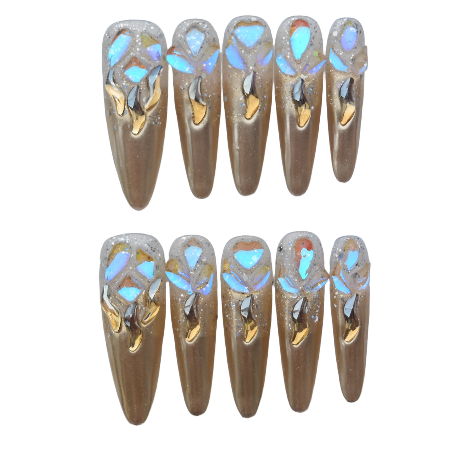 Gold Chrome Aurora Nails – 3D Iridescent Shattered Glass Design | Luxury Press-On Nails by Evadia Grace