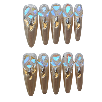 Gold Chrome Aurora Nails – 3D Iridescent Shattered Glass Design | Luxury Press-On Nails by Evadia Grace