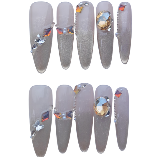 Gold Ombre Press-On Nails with Crystal Embellishments