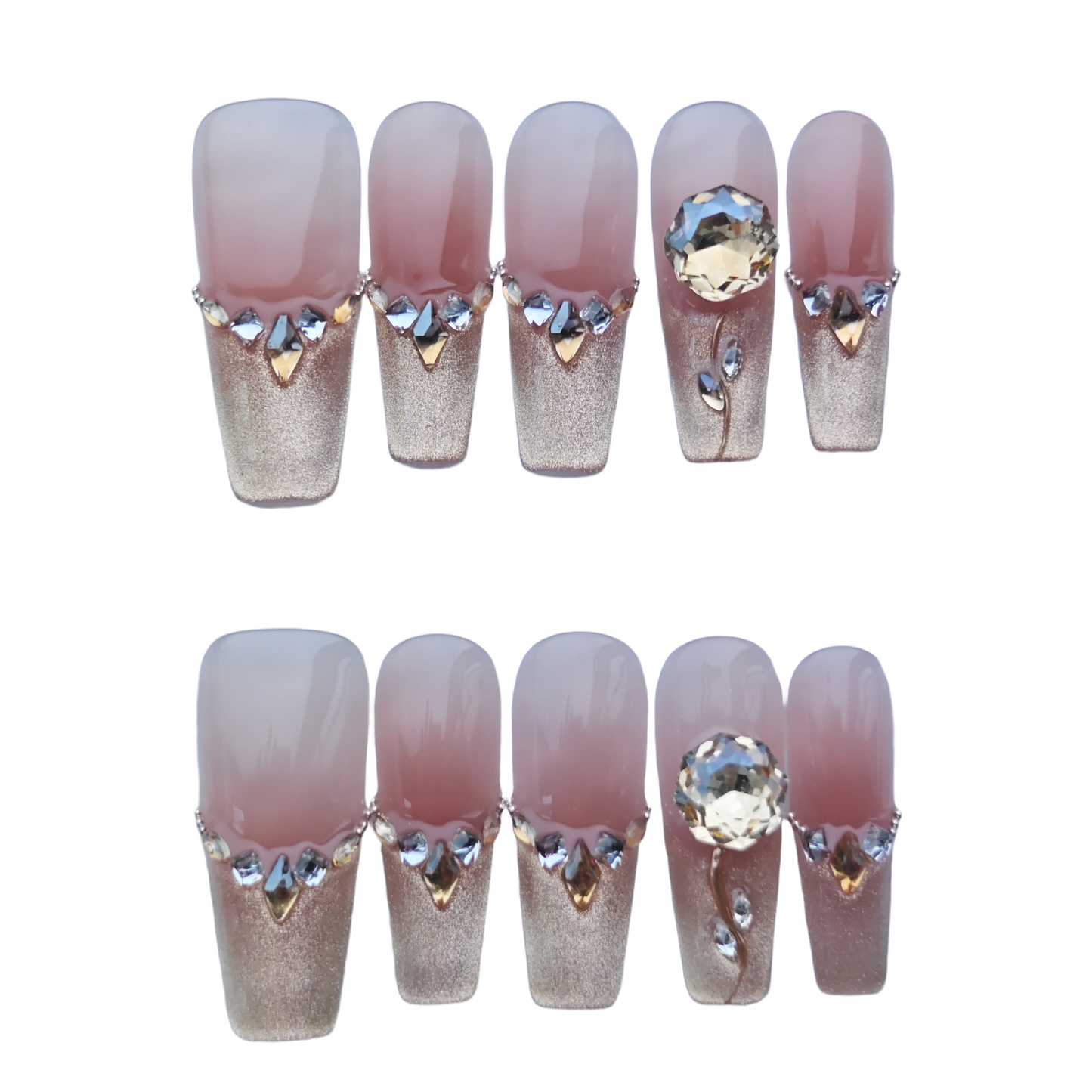 Gold Shimmer French Tip Press-On Nails with Crystal Embellishments