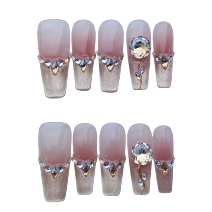 Gold Shimmer French Tip Press-On Nails with Crystal Embellishments